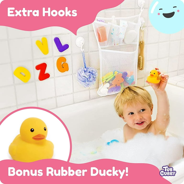 Really Big Bath Toy Storage for Baby Bath Toys, Hanging baby bath toy holder  with Suction & Adhesive Hooks, 30x23 Mesh Net Shower Caddy for Bathtub  Toys, Bonus Rubber Duck & Hooks 