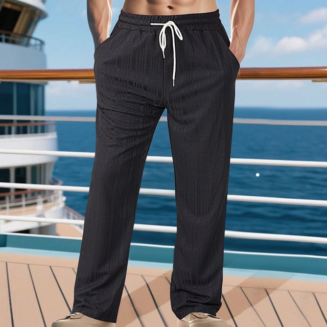 Pantalones largos para hombre, informales, de color liso, finos, con cintura elástica y bolsillo con cordón, holgados, de playa, de pierna recta, de poliéster.
