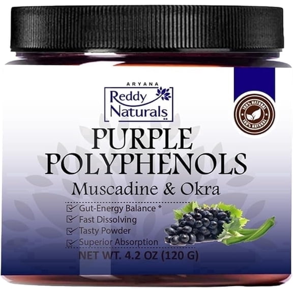 Reddy Naturals Purple Polyphenols Muscadine Grape Seed & Skin Extract Powder, Resveratrol Supplement, Gut Health Support, 30 Servings