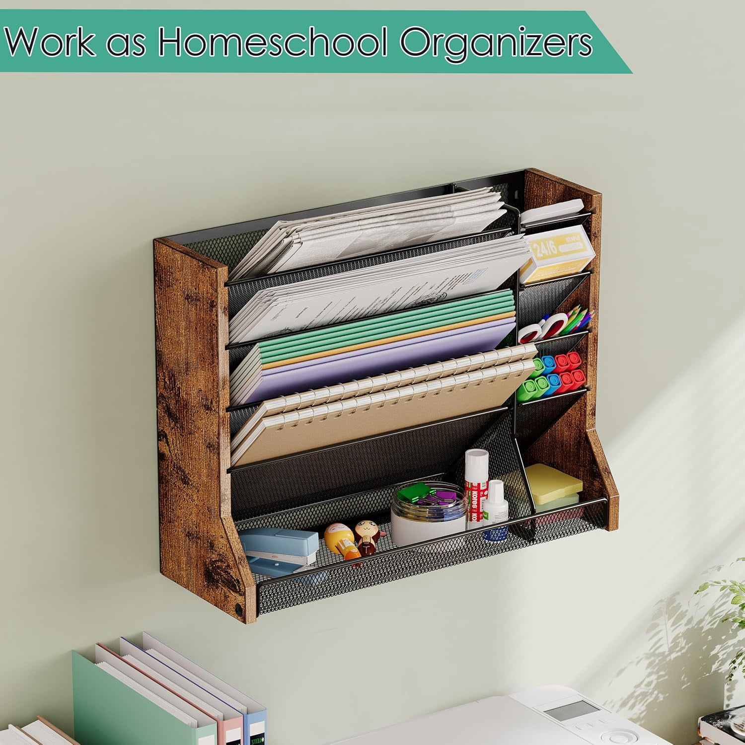 X-COSRACK 5-Tier Wall File Organizer, 2-in-1 Wood & Metal Hanging Folder Holder & Desktop Paper Sorter with Adjustable Dividers and Stable R-Shaped Base for Office & Home