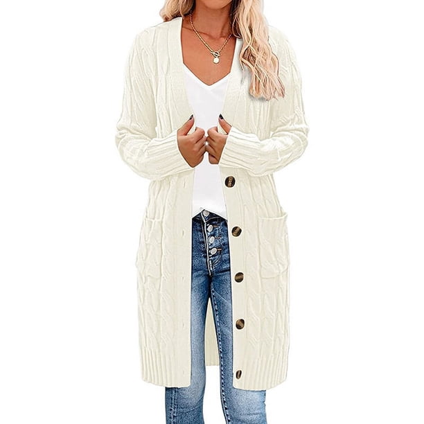 Suéter largo con giro para mujer, cárdigan con bolsillos y botones de color liso para otoño e invierno