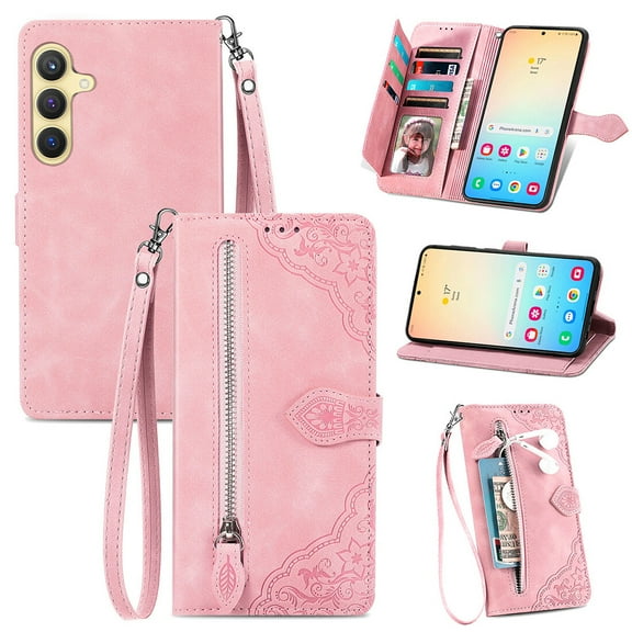 SYITOOCK Phone Case for Samsung Galaxy S24, Shockproof PU Leather Wallet Case with Card Slots Anti-Scratch Stand Magnetic Flip Zipper Pocket Cover for Samsung Galaxy S24, Pink