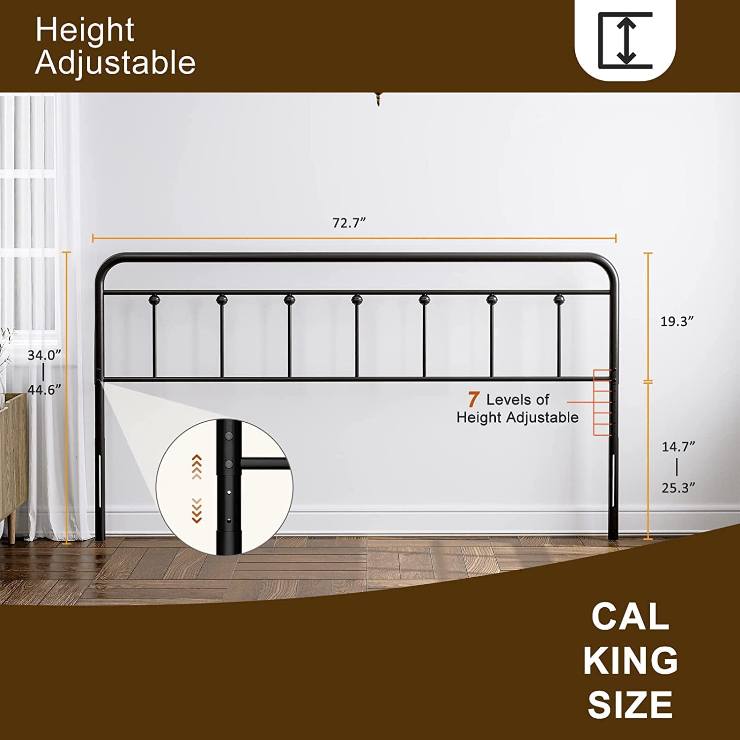 IKIFLY Metal California King Size Headboard, Adjustable Height, Farmhouse Victorian Style, Easy Assembly, Cal King Steel Headboard Only for Bedroom, Black