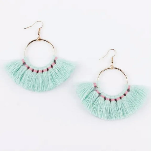 Handmade Cotton Fringe Tassel Statement Earrings with Gold Circle Women Jewelry