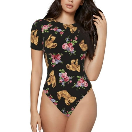 Gaeub Rose Flower Bear Print Women s Short Sleeve One Piece Swimsuit Sexy High-Waisted Bodysuit Bathing Suit for Swimming  Beach  Sports-X-Large