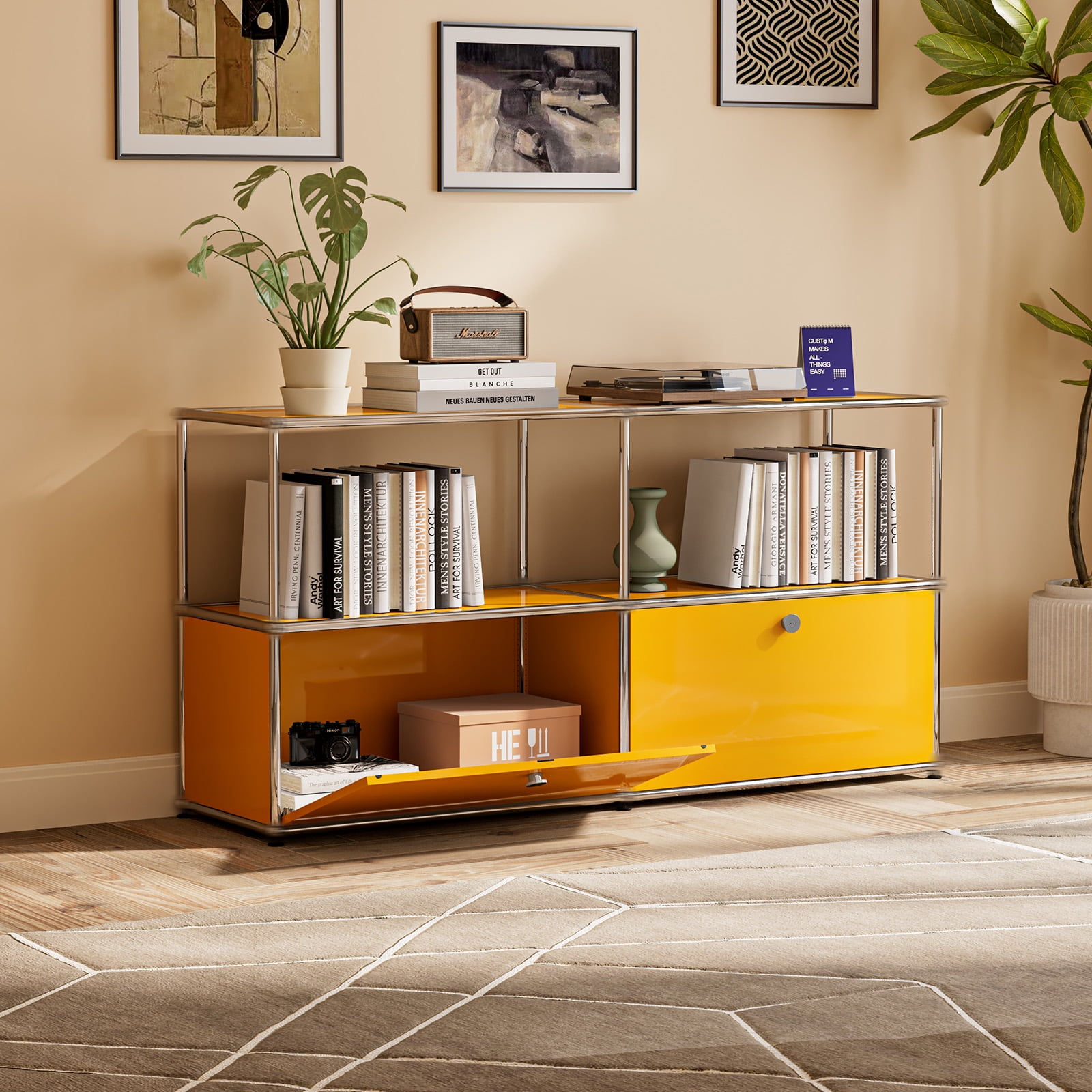Cottinch 2-Tier Accent Cabinet,Metal Storage Cabinets with 2 Doors,Open Shelf,Freestanding Organizer for Living Room,Yellow