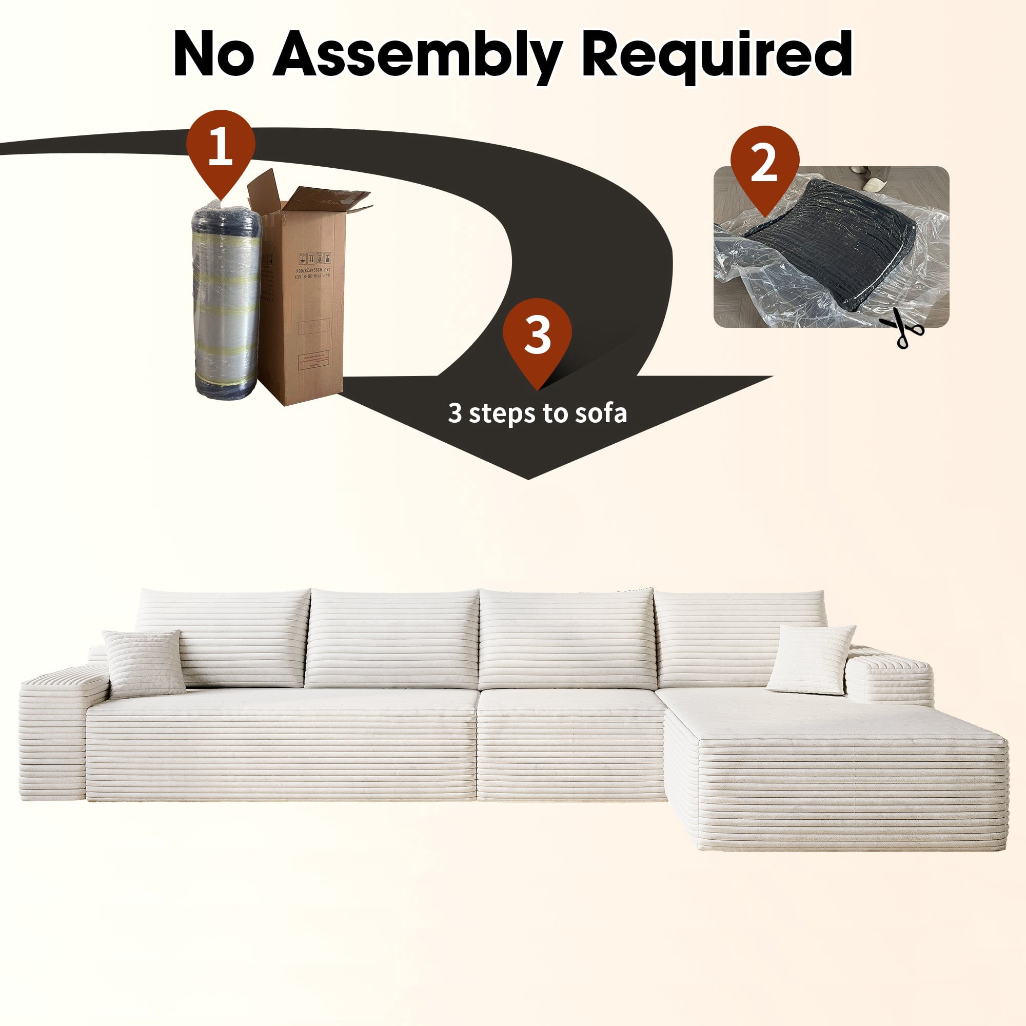 Sailvan 135" Cloud Sectional Couch, Cloudy Sofa with L-Shape Chaise, Upholstered Couches for Living Room & Bedroom, No Assembly Required, Plush Corduroy Fabric, Beige