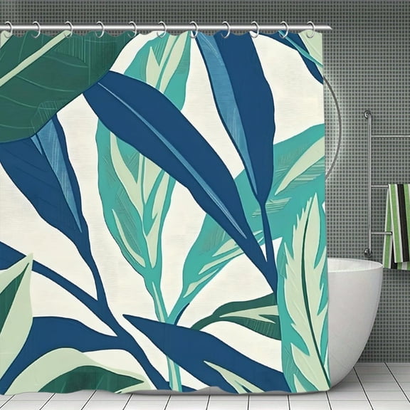 Leaf Pattern Plant Print Shower Curtain,Modern Fabric Waterproof Shower Curtain Set with Hooks,70.8×70.8Inch