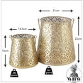 thumbnail image 3 of Grand Tour Temple Bell Lanterns, Set of 2, Lattice Lace Pattern, Hurricanes, Gold Finish, Iron, 8.75 and 6 Inches, Loop Handles, Removable Inner Glass Sleeve, 3 of 6
