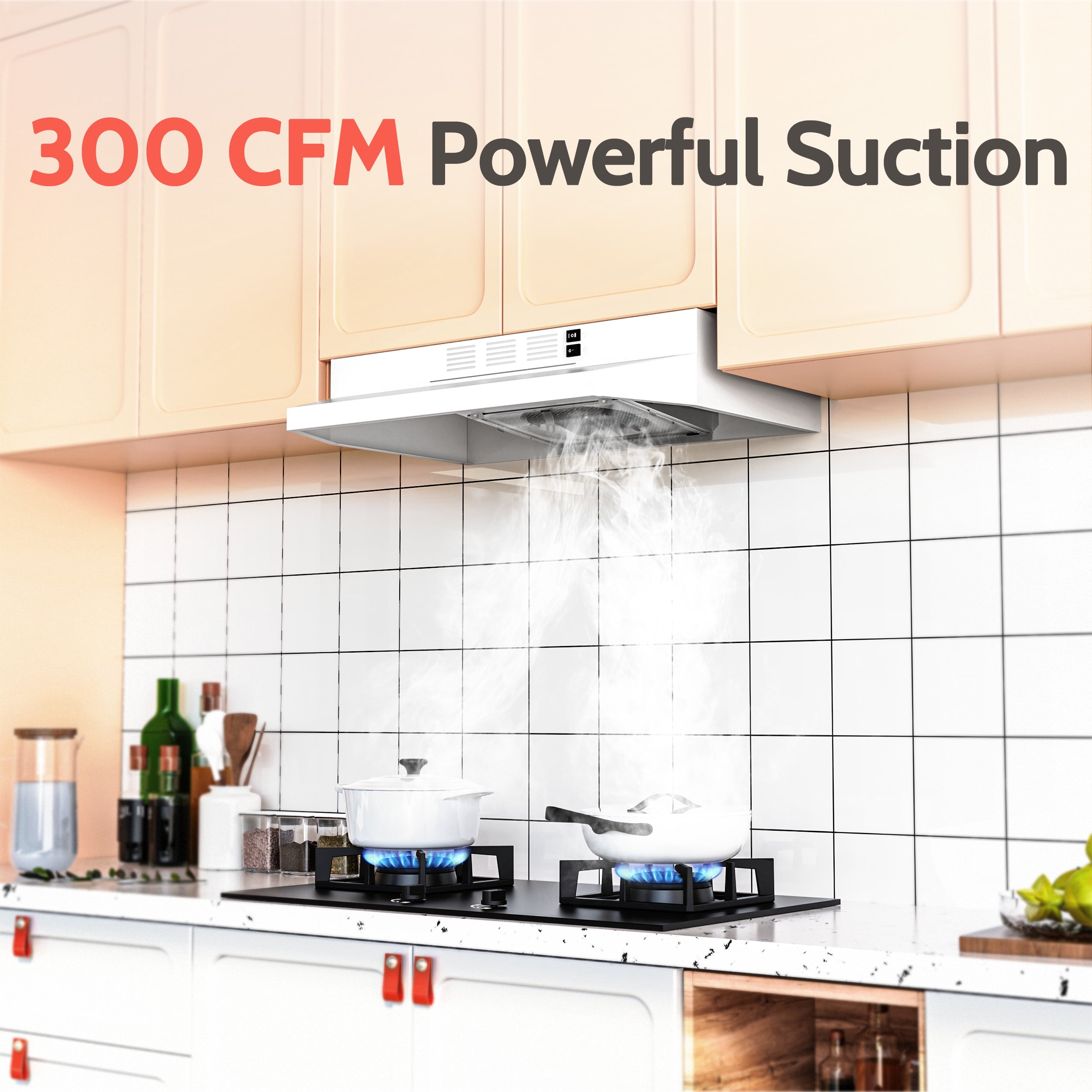 FIREGAS Range Hood 24 inch, Under Cabinet Kitchen Hood with 2 Speed Exhaust Fan, 300 CFM Stove Vent Hood