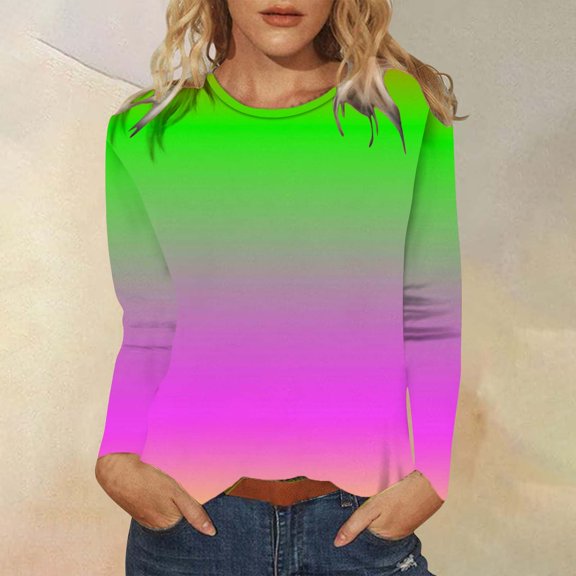 Tittly Basic Tees T Shirts for Women Women's Fashion Round Neck Casual Gradient Color Long Sleeve Top T Shirt Womens Long Sleeve Tops Tshirts Shirts Green L