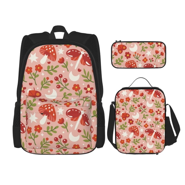 Easygdp Dragonfly Mushroom Mochila para Niños y Niñas con Set de Caja de Almuerzo y Estuche para Lápices 3 en 1, Mochila Escolar Estampada para Adolescentes