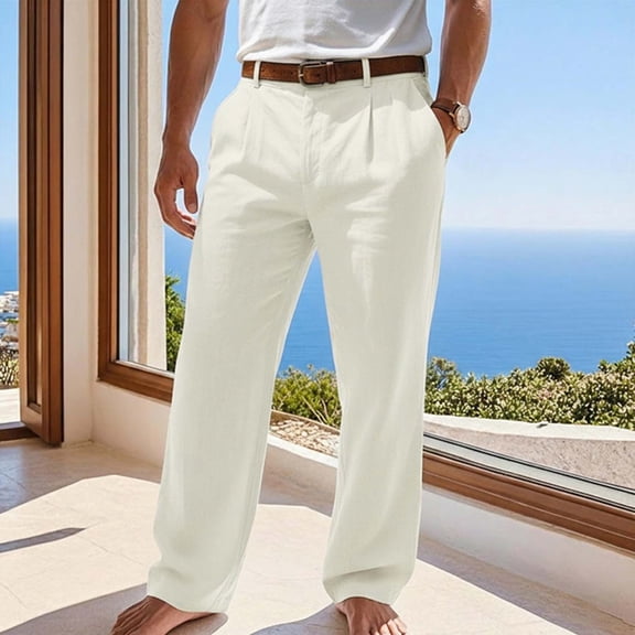 Mifsaly Mens Cotton Linen Pants Lightweight Straight Leg Summer Beach Pant Pleated Front Vacation Travel Business Casual Trousers with Pockets S