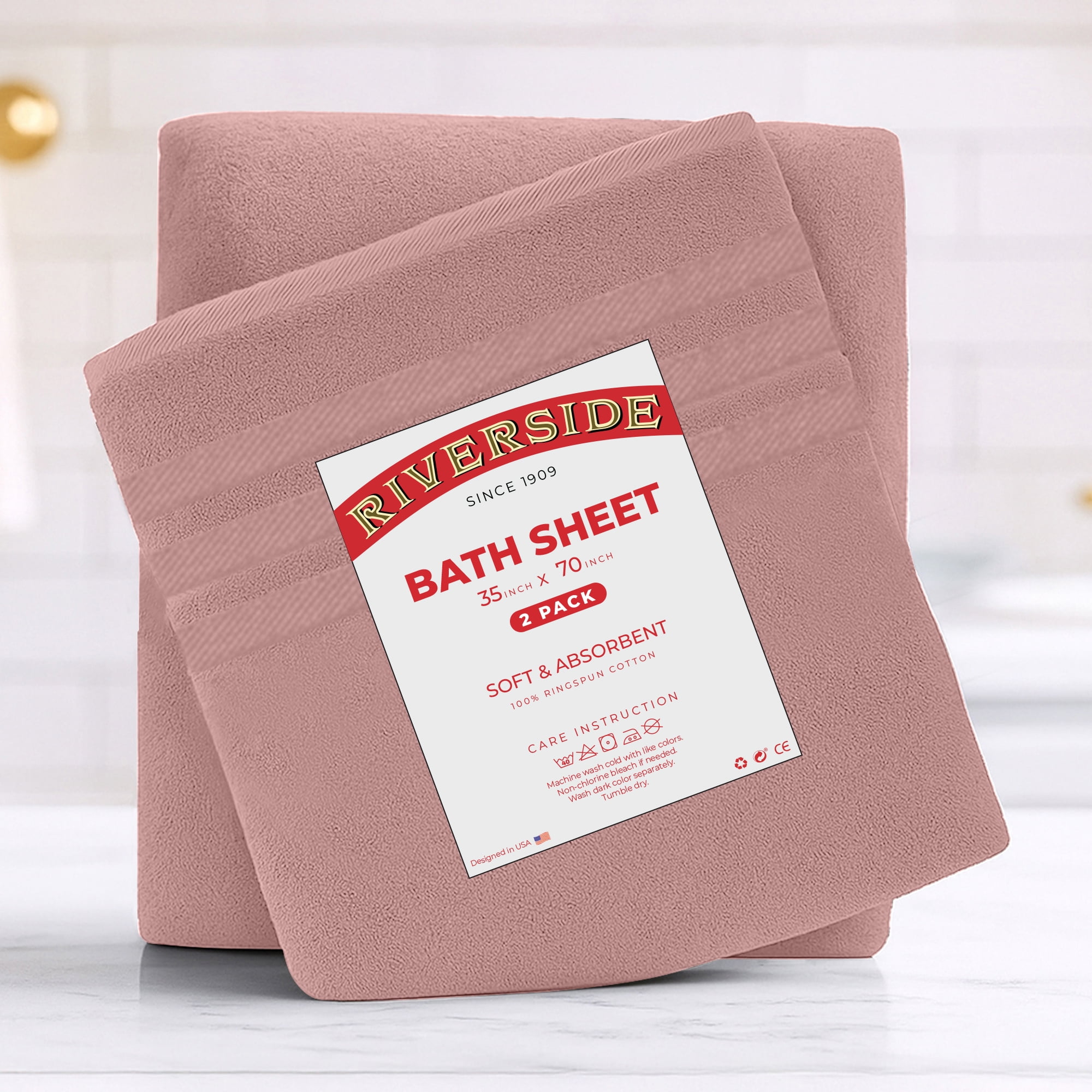 RIVERSIDE 2 Pack Luxury Bath Sheets 35×70 Soft Quick Dry Extra Large Cotton Towels 600 GSM Hotel Quality Spa - Dusky Pink