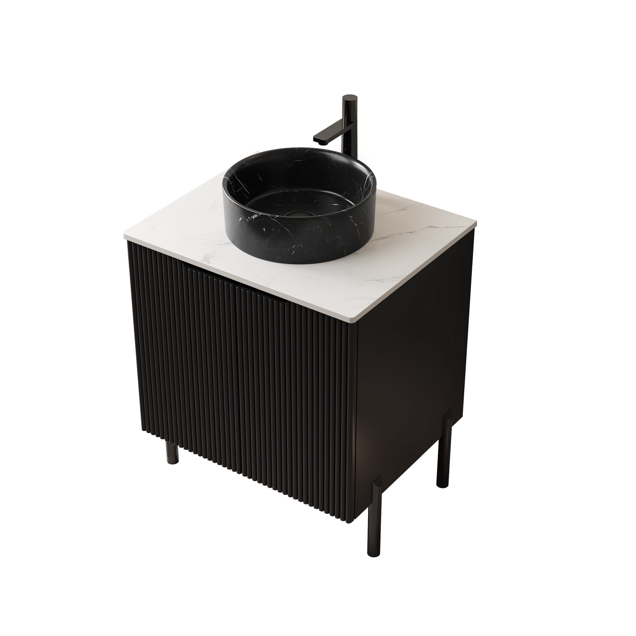 Noble House TURIO 24" Bathroom Vanity with Sintered Stone Countertop, Storage Cabinet, Black Stone Round Basin, Black