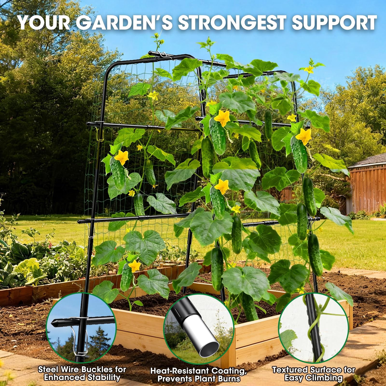 Cucumber Trellis For Raised Bed And Garden  47" H X 31" W U-shaped Metal Climbing Plants With Nylon Netting Vegetable Support Frame