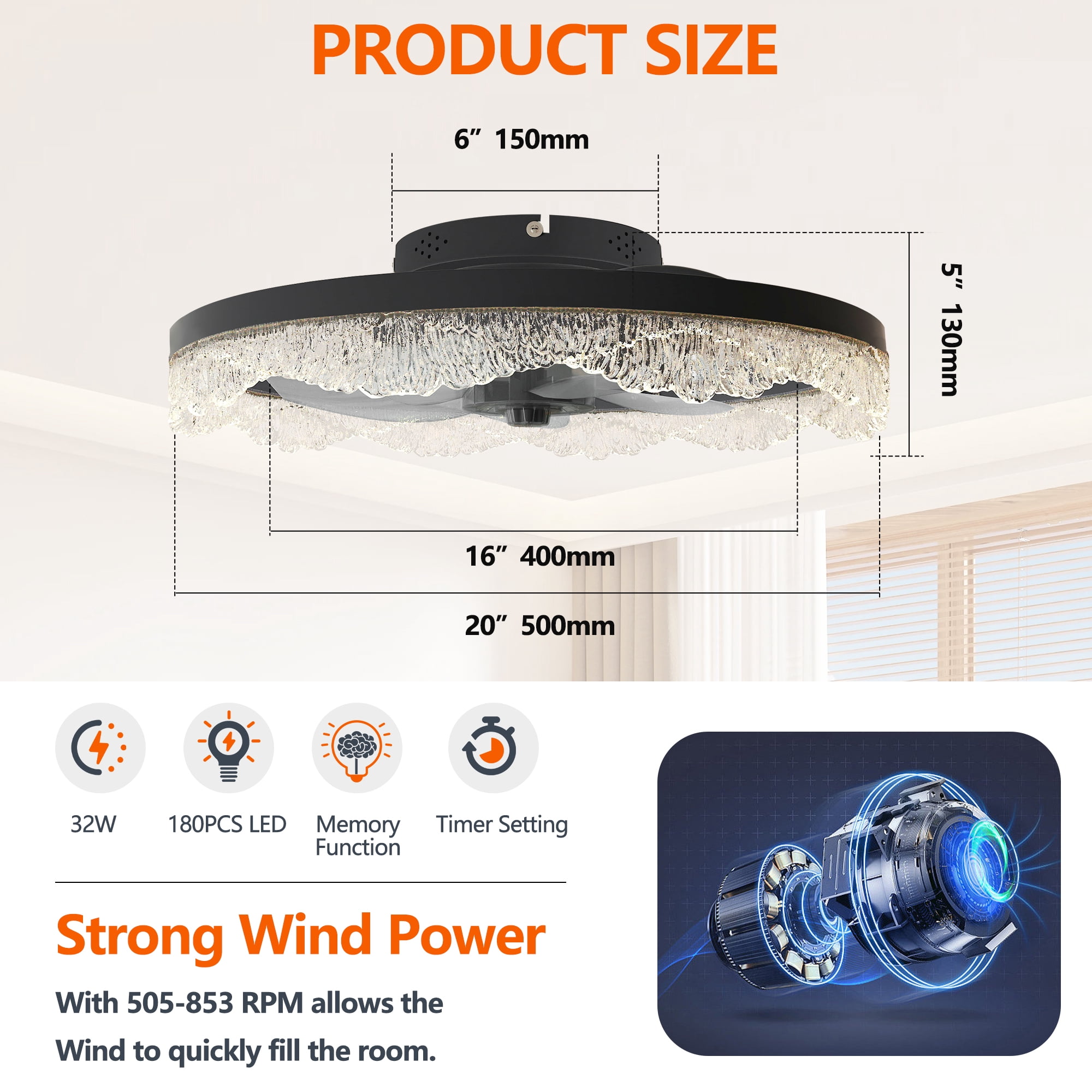 Miniyam Energy Efficient Ceiling Fans with Lights – Smart DC Motor, 6 Wind Speeds, 1/2H Timer, Memory Function, Ultra-Quiet Operation