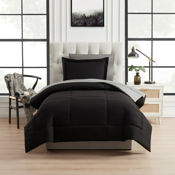 Mainstays All in One Reversible Comforter and Sheet set- 5 Piece, Twin, Black