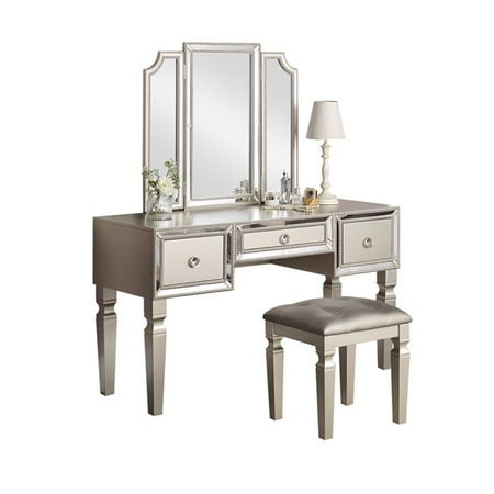 Poundex F4218 54 x 19 x 60 in. Wooden Makeup Vanity Set with Tri-fold Mirror & Stool - Silver