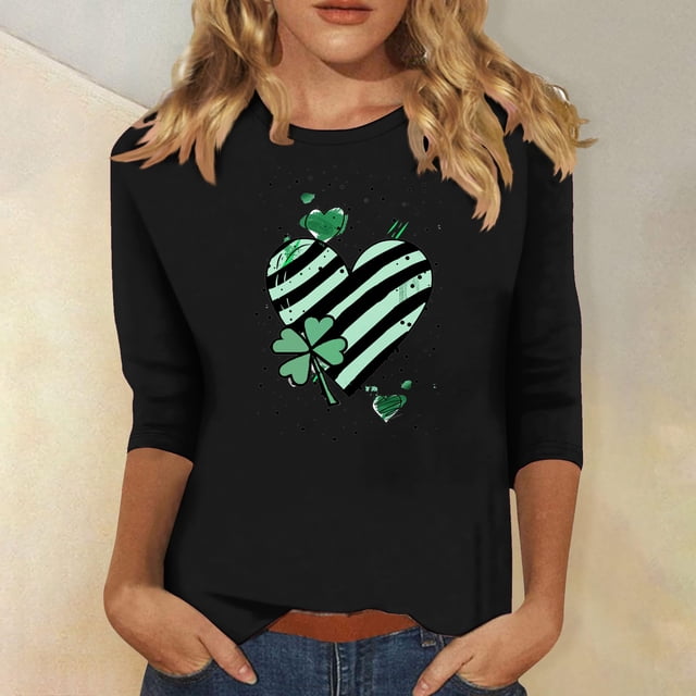 Meichang T-Shirts à Manches 3/4 pour Femmes T-Shirts de la Saint-Patrick Hauts Graphiques Trèfle Chanceux T-Shirts de Vacances Col Rond Blouses en Liquidation
