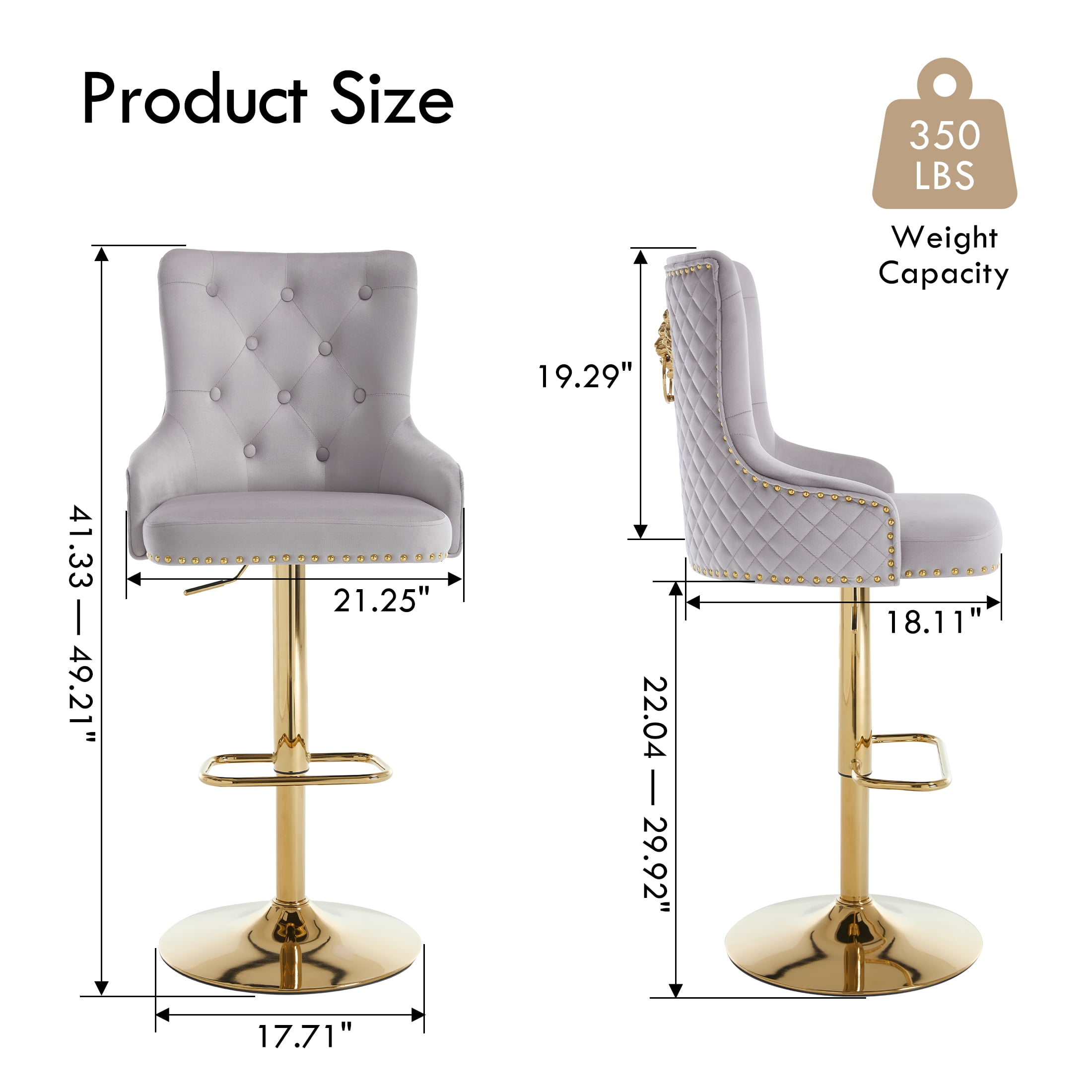 Velvet Gold Bar Stools Set of 2 Modern Counter Height Bar Stools with Lion Pull Ring Tufted High Back, Nailhead Upholstered Barstools for Home Kitchen Island, Swivel Adjustable Stool Chair in Grey