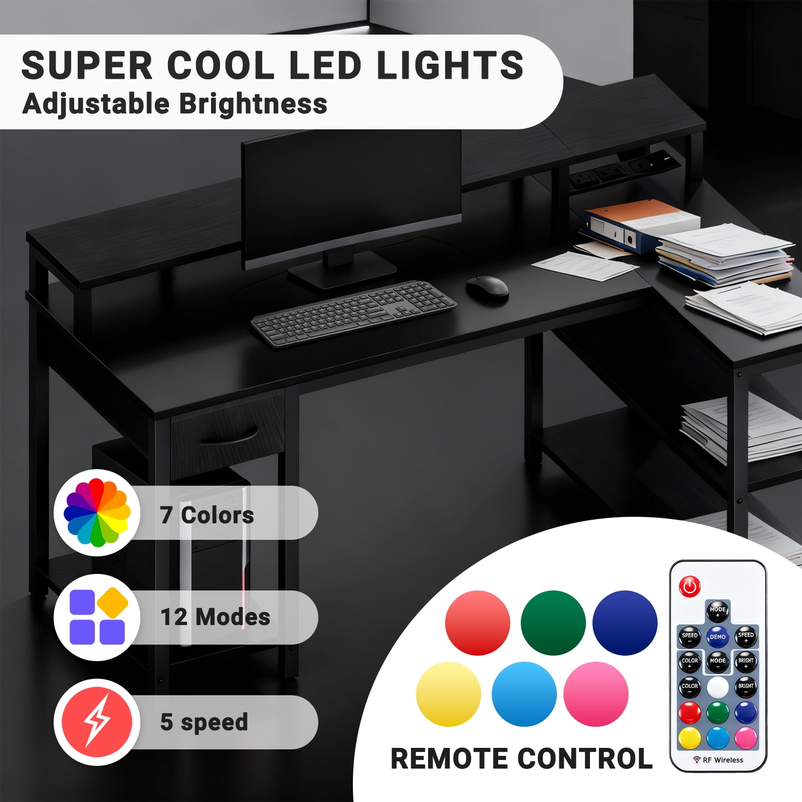 KPUY 47” Reversible L Shaped Gaming Desk with USB Charging Ports, LED Light and Monitor Stand, Corner Computer Table with Power Outlets, Storage Shelves, Black