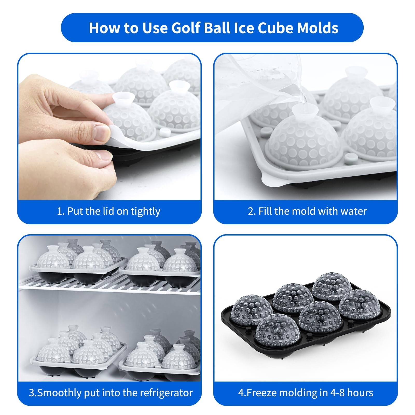6 Chamber 2.2" 3d Golf Gifts Ice Cube Tray With Funnel Large Round Ball Maker Mold Silicone Fun Shapes Sphere Molds For Chilling Brandy And Beverages