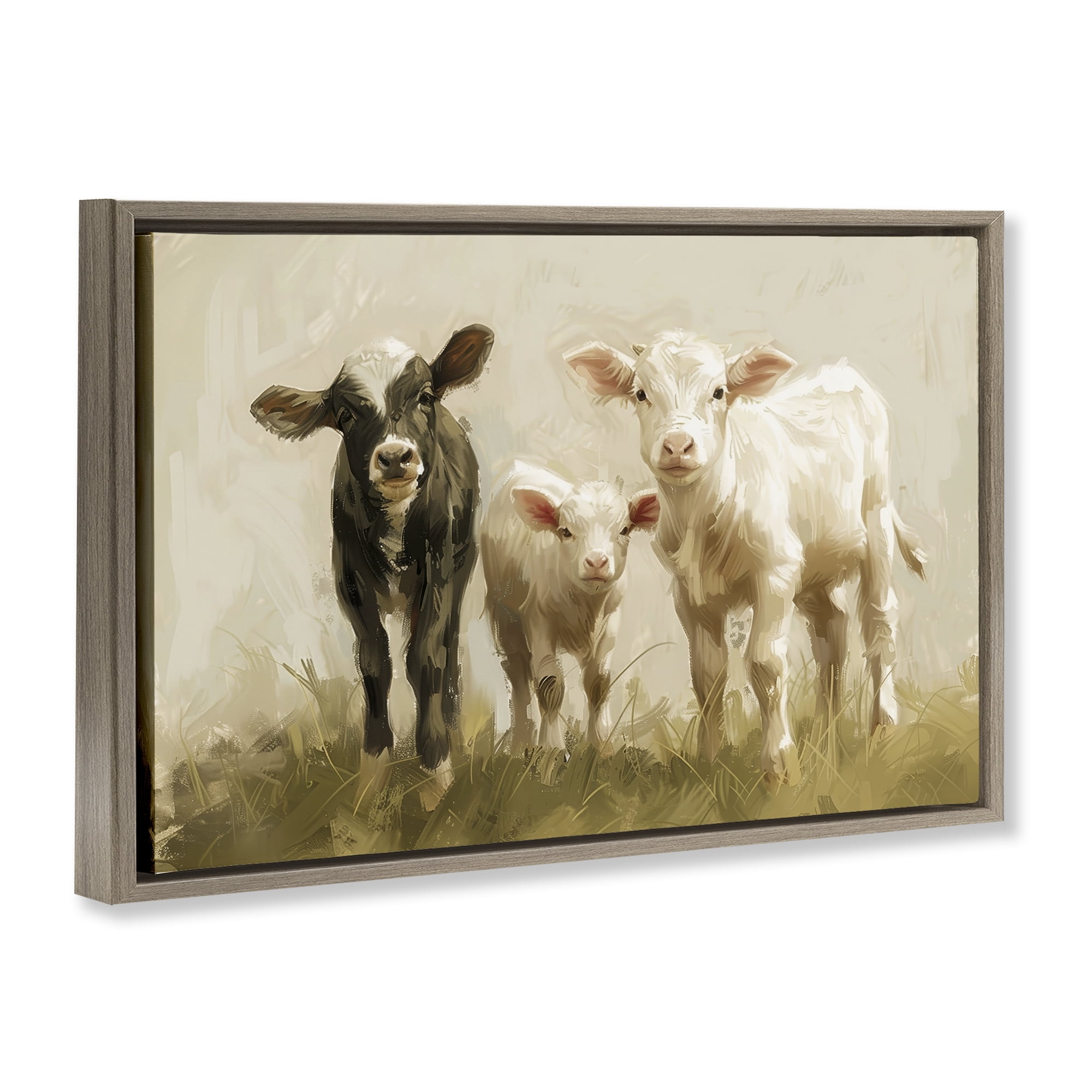 Stupell Industries Baby Cattle Trio Animals Painting Brown Floater Framed Canvas Art Print Wall Art, 31 x 21