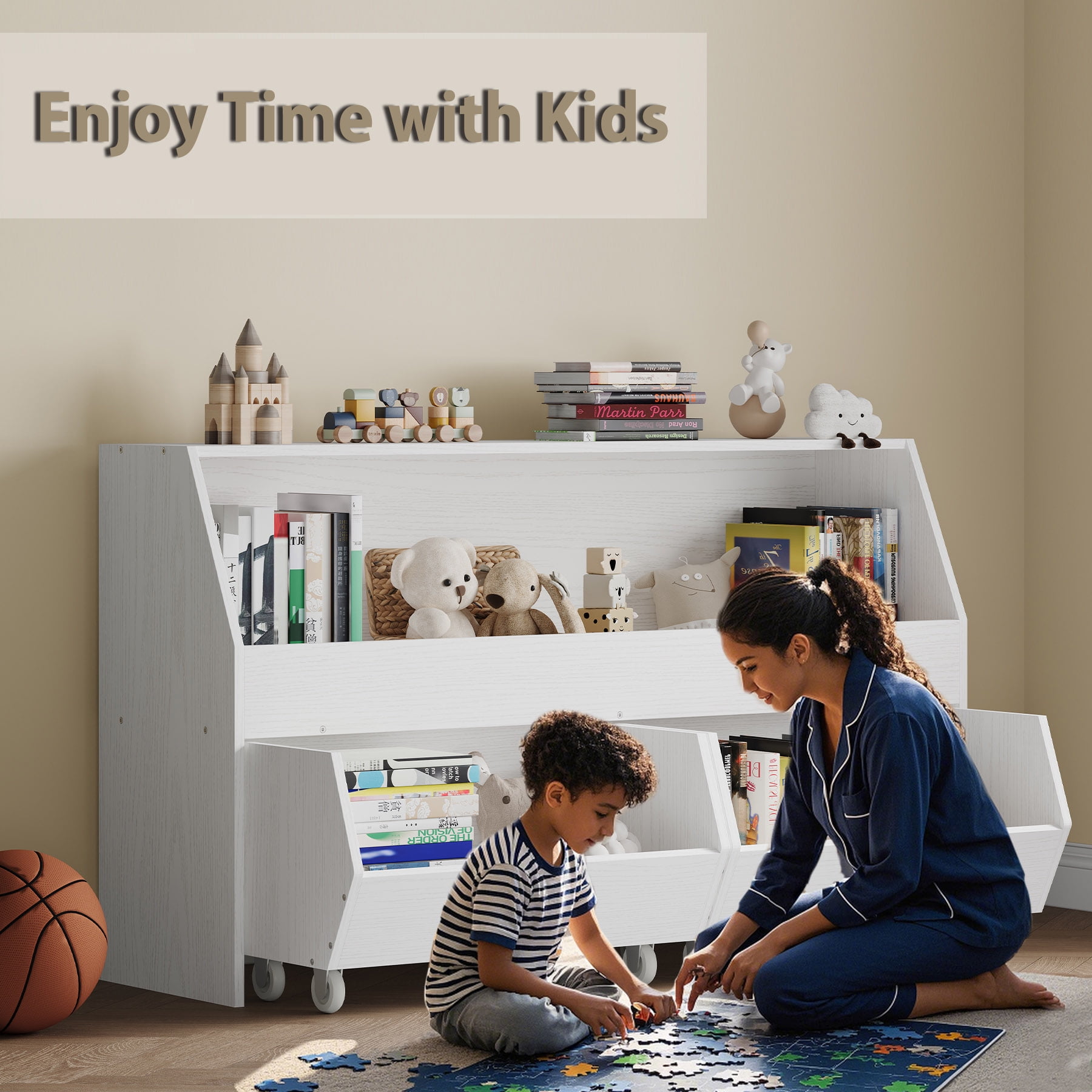 New Kids Toy Storage Organizer, Muti-Functional Bookcase and Storage Bin with Moveable Drawers, Children Toddler Storage Carbinet for Playroom, Bedroom, Nursery