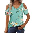 thumbnail image 4 of Women's Summer Trendy Tops Floral Printed Cold Shoulder Tunic Tee Shirt V Neck Short Sleeve Casual Blouses Beach Outfits (M, Green 02), 4 of 7