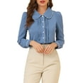 thumbnail image 5 of INSPIRE CHIC Women's Blouse Peter Pan Collar Puff Sleeve Contrast Trim Button Down Shirt S Grey Blue, 5 of 7