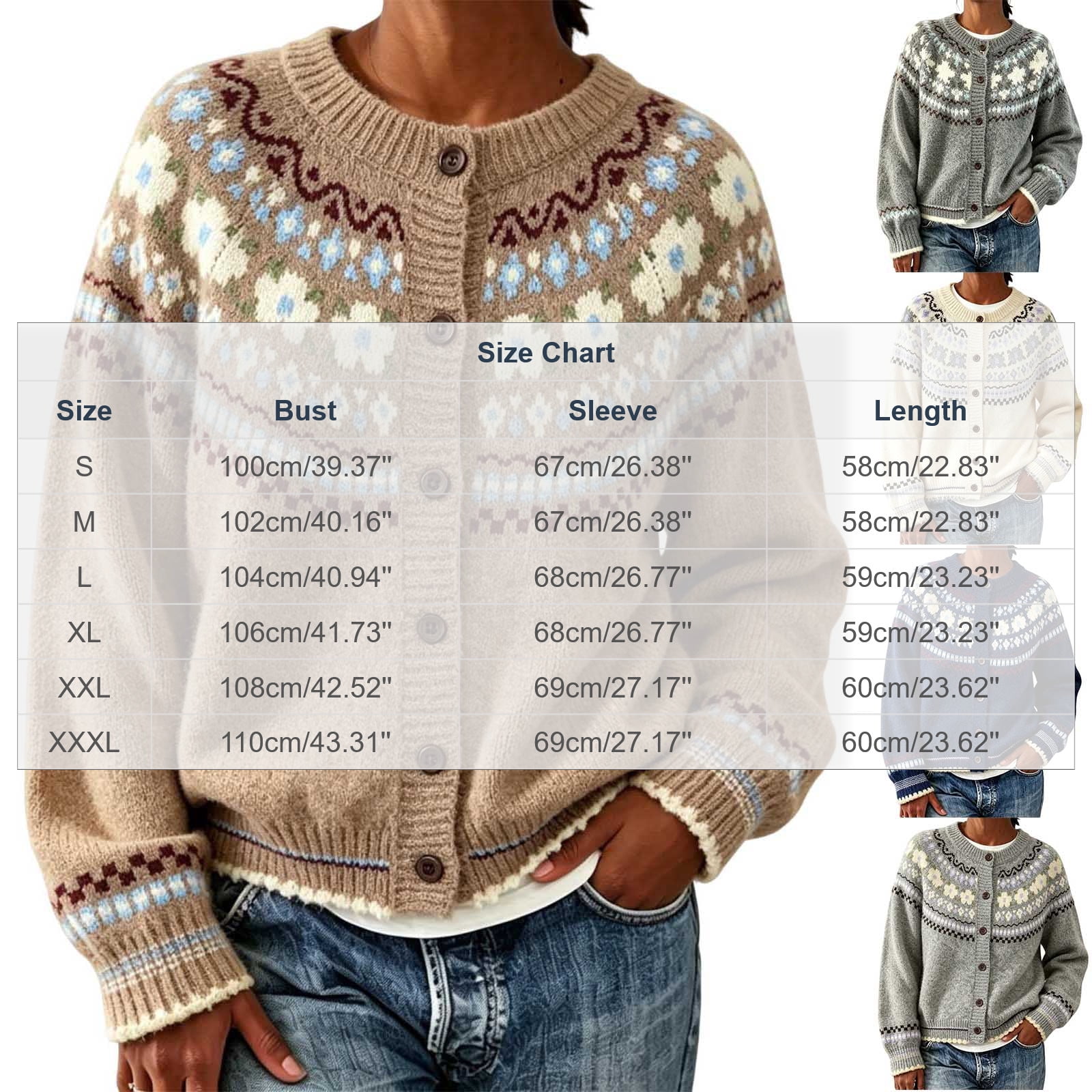 Edvintorg Plus Size Cardigan Women Fair Isle Cerw Neck Knit Sweater Long Sleeve Casual Open Front Top Womens Fashion Gray S-3XL