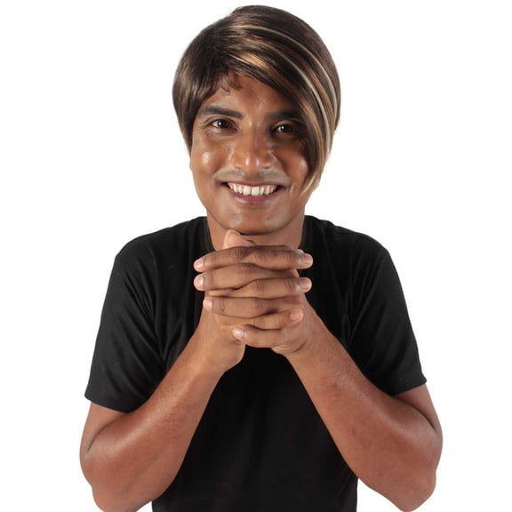 HPO Adult Men's Light Brown Dark Blonde Highlights Stefon Wig with Sideburns, Long Layered Side Part, Perfect for Halloween and Holiday Party!