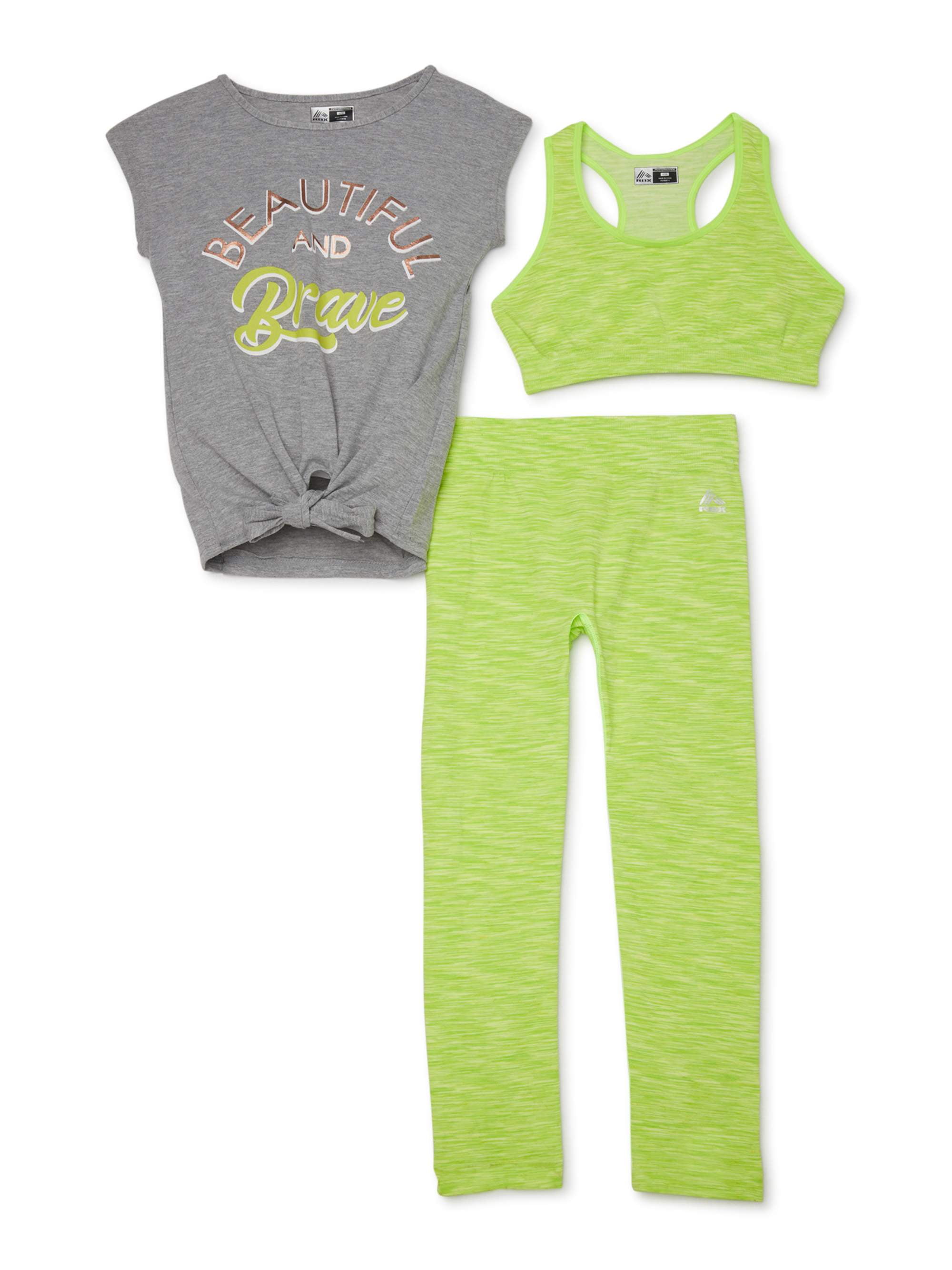 RBX Girls Workout Set 4 Piece Athletic Performance T-Shirt Leggings and Sports Training Bralette Set