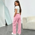 thumbnail image 2 of LRen Girls Solid Color Cargo Sweatpants Elastic Waist Wide Leg Casual Sport School Uniform Pants for 5-14 Years Back To School Preppy Clothes for Girls, 2 of 7