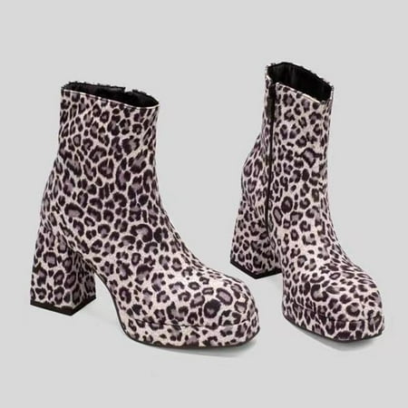 

Cathalem Woman Boots Women Autumn Fashion Women s Shoes Thick Sole Leopard Square Head High Heel Thick Heel Side Girls Boots White 6.5