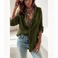 thumbnail image 2 of Morttic Women's Stylish Loose-Fit Long Sleeve Shirt – Stand Collar with Button Detail Roll-Up Cuff Solid Color Elegant Top Army Green，5XL, 2 of 3