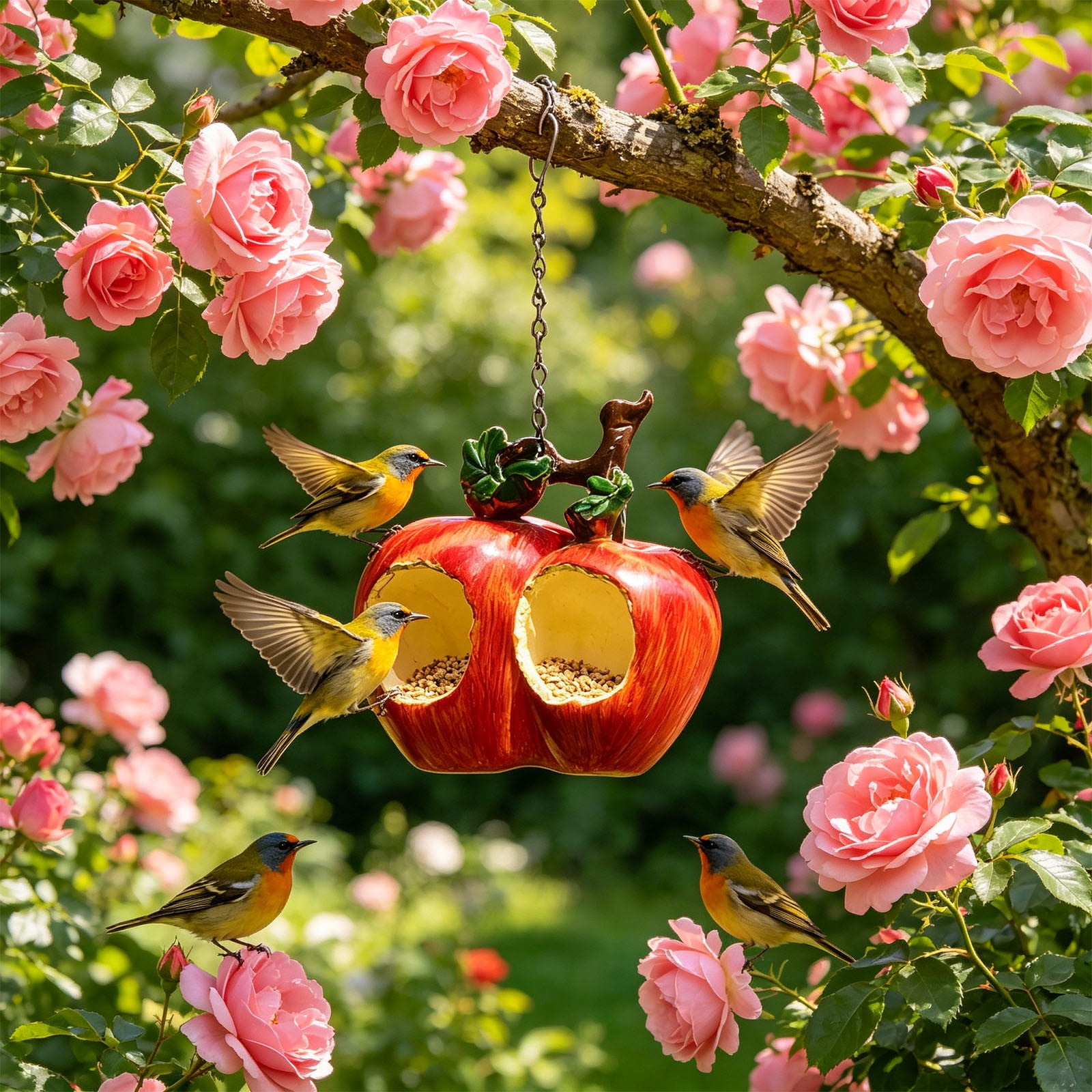 Hanging Bird Feeder, Apple Shaped Outdoor Bird Seed Feeder Weather Resistant Decorative Garden Ornament Easy Refill Visible Window, for Yard Patio Balcony Trees Wild Birds Feeding Daily Use