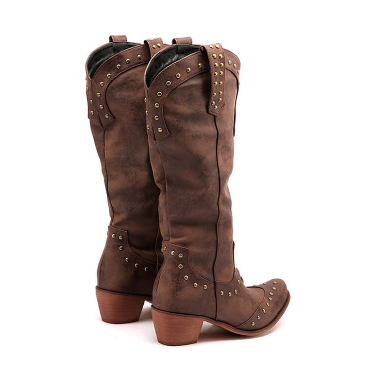 Richealnini Studded Rivet Knee High Cowboy Boots - Pointed Toe, Stacked Heel, Embroidered Western Cowgirl Boots
