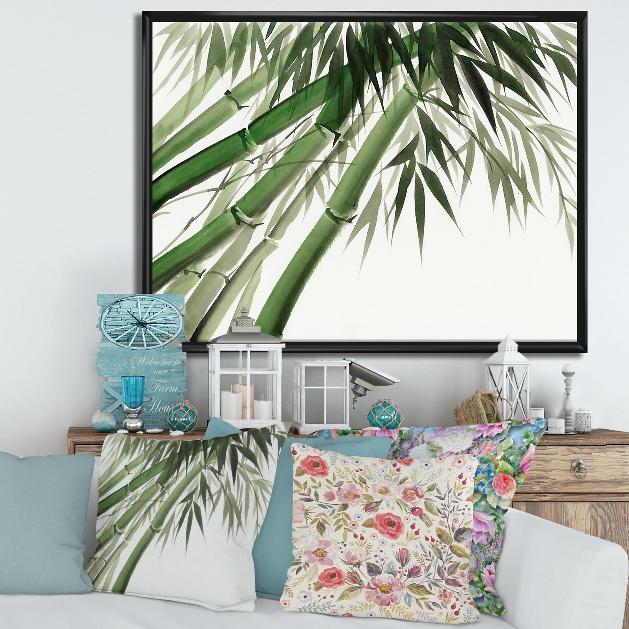 Ancient Dark Green Bamboo 32 in x 16 in Framed Painting Canvas Art Print, by Designart