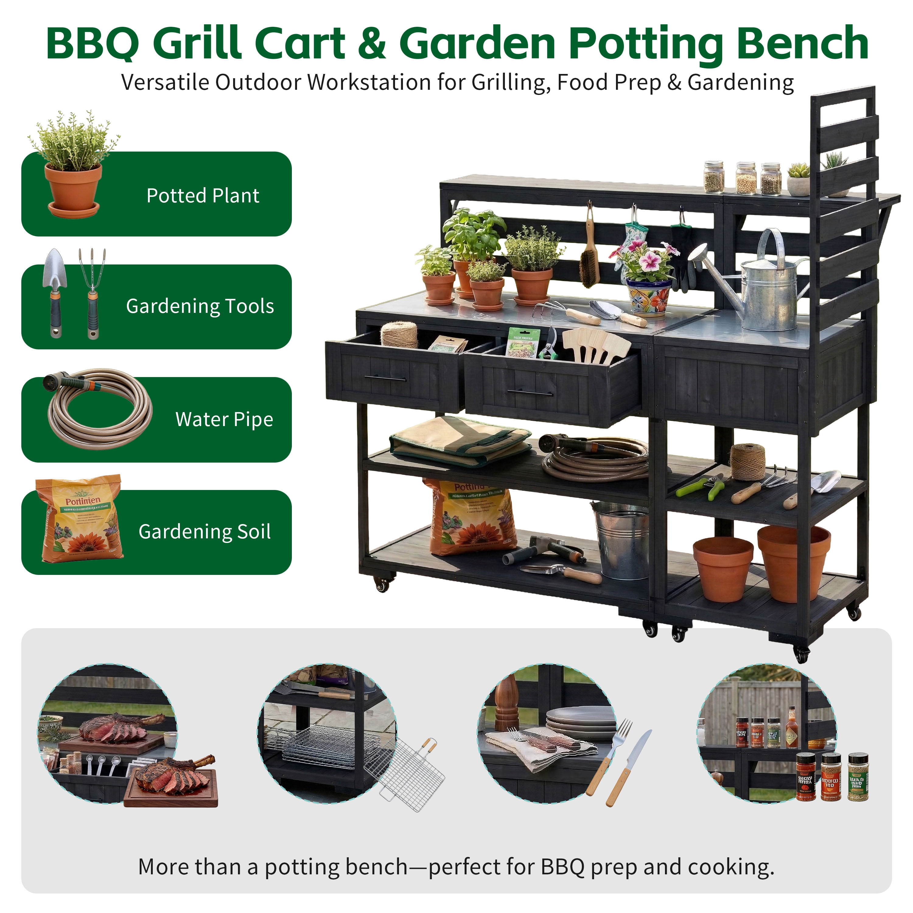 62.3" Outdoor Grill Cart with Stainless Steel Top – Solid Wood Patio Kitchen Cart, Raised Shelf, Drawers, BBQ Prep Table for Backyard, Black