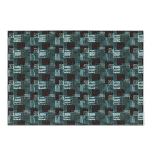 Abstract Cutting Board, Composition of Bicolour Dots and Stripes with Grunge Squares Graphic, Decorative Tempered Glass Cutting and Serving Board, in 3 Sizes, by Ambesonne