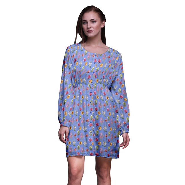 Bimba Robe Midi à Manches Longues Boutonnée à Imprimé Floral de Lys Bleu et Lotus pour Femmes Vêtements-Xx-Grand