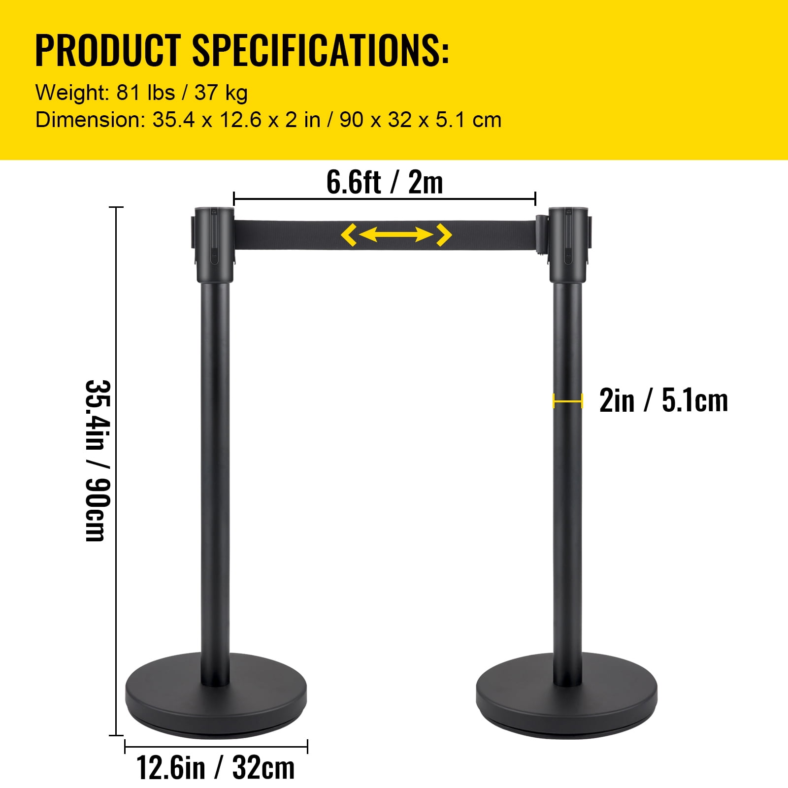 KFFKFF Crowd Control Stanchion, Set of 6 Pieces Stanchion Set, Stanchion Set with 6.6 ft/2 m Black Retractable Belt, Black Crowd Control Barrier w/Concrete and Metal Base – Easy Connect Assembly