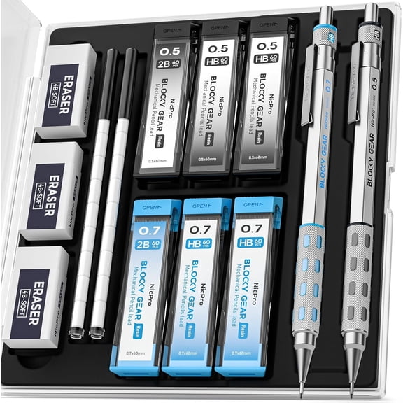 Nicpro 2 Pack Mechanical Pencils 0.5 & 0.7 mm, Metal Blocky Gear Design with Case, Lead Refills & Erasers for Sketching Drawing