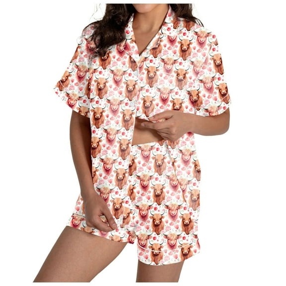 Zszcpp Womens Pajama Sets Shorts Set Print Animal Short Sleeve Cow Softable Cartoon Button Down Loungewear V-Neck Loose Silk Sleepwear Pj Clothes Sets