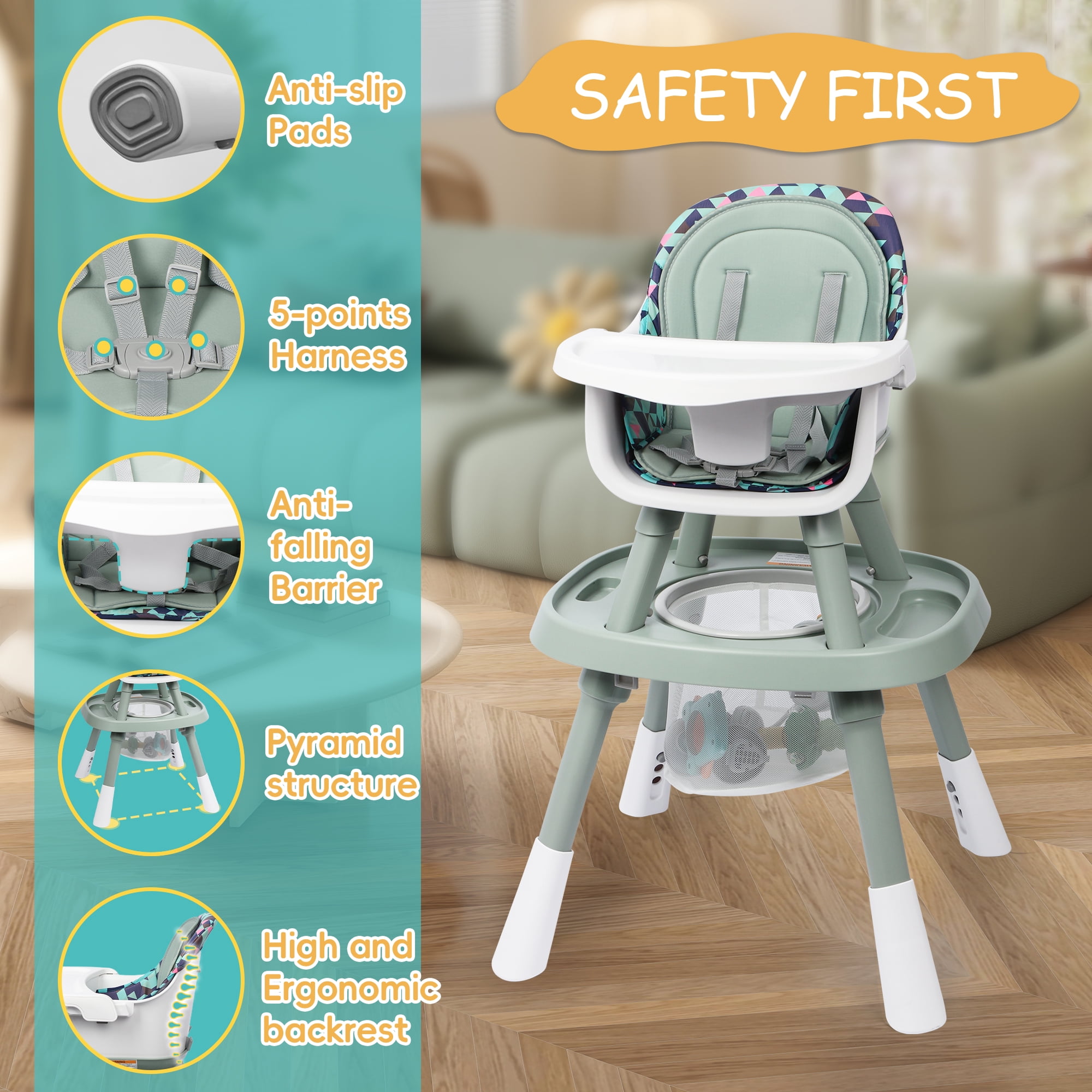 Reasea 15-in-1 Portable Baby High Chair, Convertible High Chair for Babies and Toddlers, Light Green