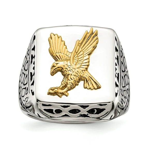 14K Gold Eagle on Stainless Steel Antique Style Square Signet Ring Size 8, Men's Ring Jewelry
