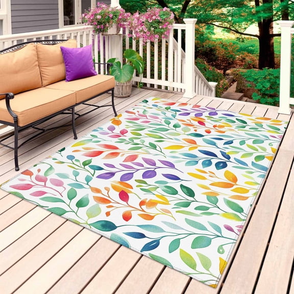Colorful Summer Botanical Outdoor Rug for Patio/Deck/Porch, Non-Slip Large Area Rug 3 x 5 Ft, Spring Floral Leaves Art Indoor Outdoor Rugs Washable Area Rugs, Reversible Camping Rug Carpet Runner