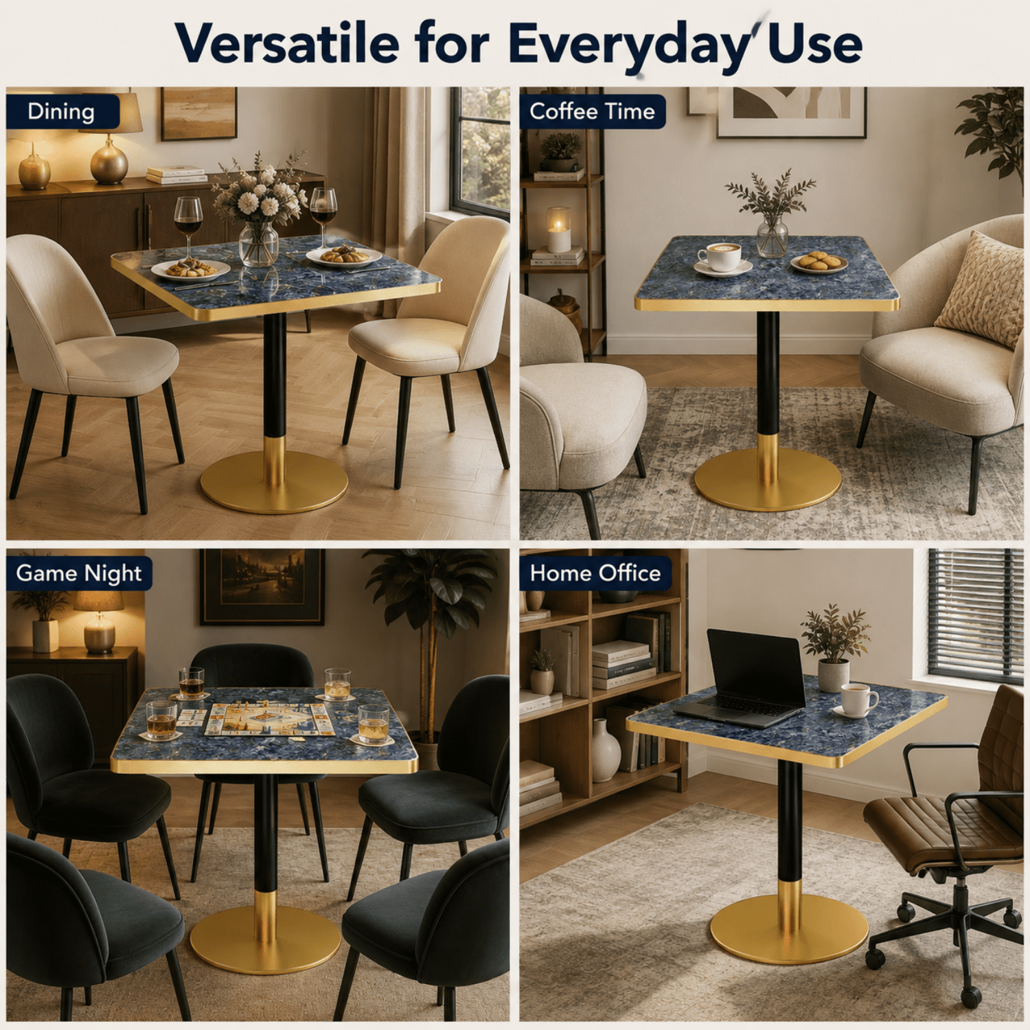 Miniyam 31.5 in Square Dining Table for 2-4, Marble-Look Sintered Stone Top, Stainless Steel Pedestal Base for Small Space, Blue